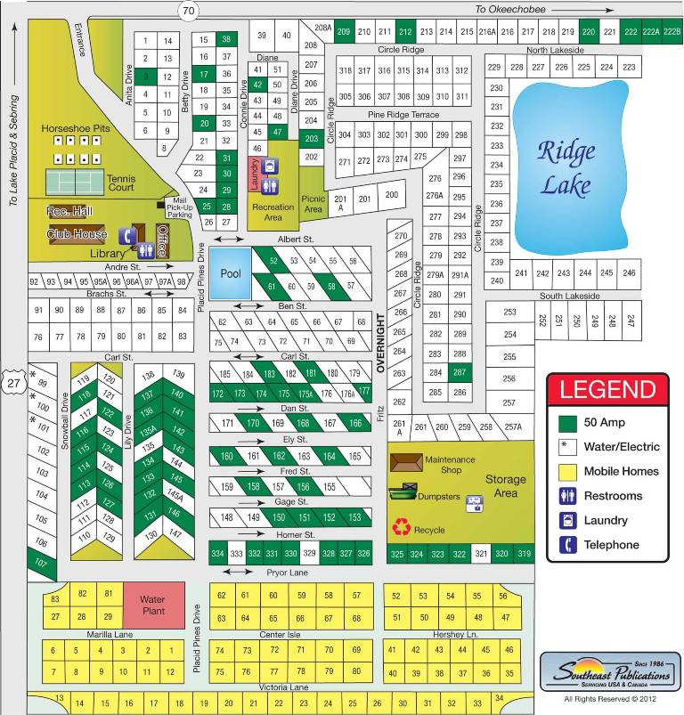Diagram of Sunshine RV Resort Streets, lots, and facilities